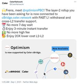 Celer推出的跨链支付网络cBridge宣布支持Optimism和Arbitrum