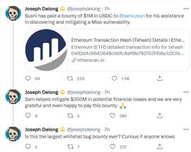SushiSwap向此前披露BitDAO荷兰拍卖漏洞的白帽黑客支付了100万USDC赏金