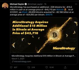 持续买入！MicroStrategy再度买入价值1500万美元的比特币