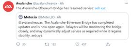 Avalanche宣布已恢复Avalanche-Ethereum桥服务