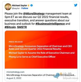 比特币倡导者 Michael Saylor 辞去 MicroStrategy CEO 一职