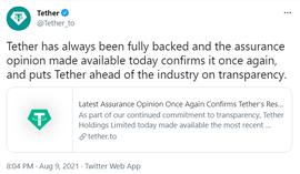 Tether：所有Tether代币都有充分的储备支持