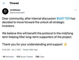 衍生品协议Antimatter提前解锁所有投资者代币份额，MATTER价格较年内高点下跌96%